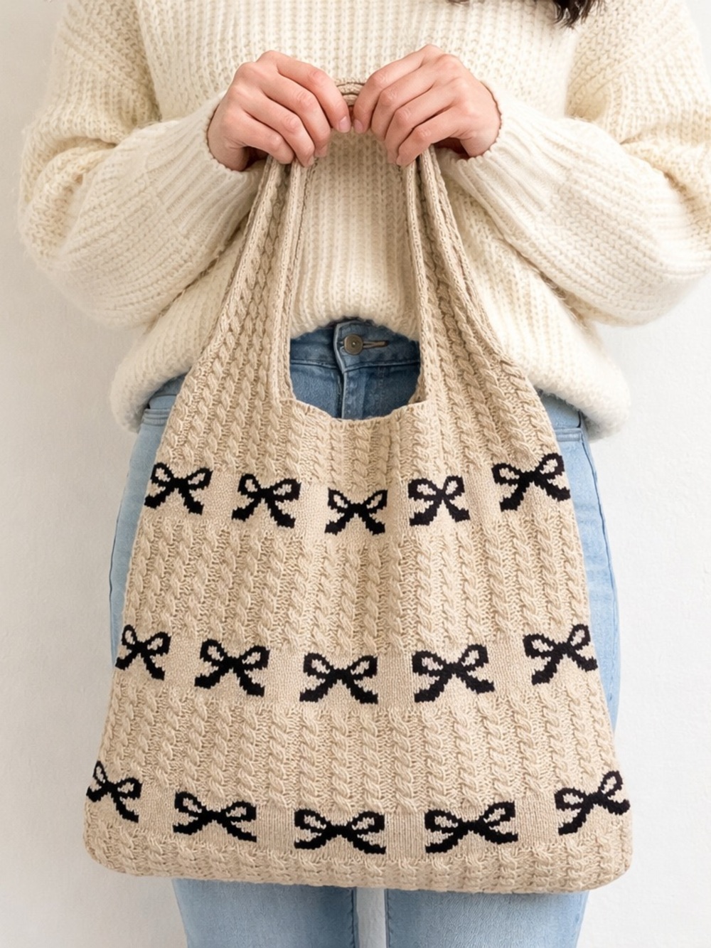 NEW Zenana Tan Knit Bow Tote Bag Cottagecore Coquette Shoulder Bag Neutral